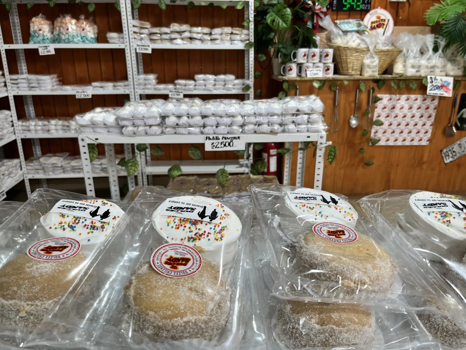 Alfajores envasados de Dulces Sandy, con cobertura blanca, confites de colores y borde de coco, sobre el mesón del local
